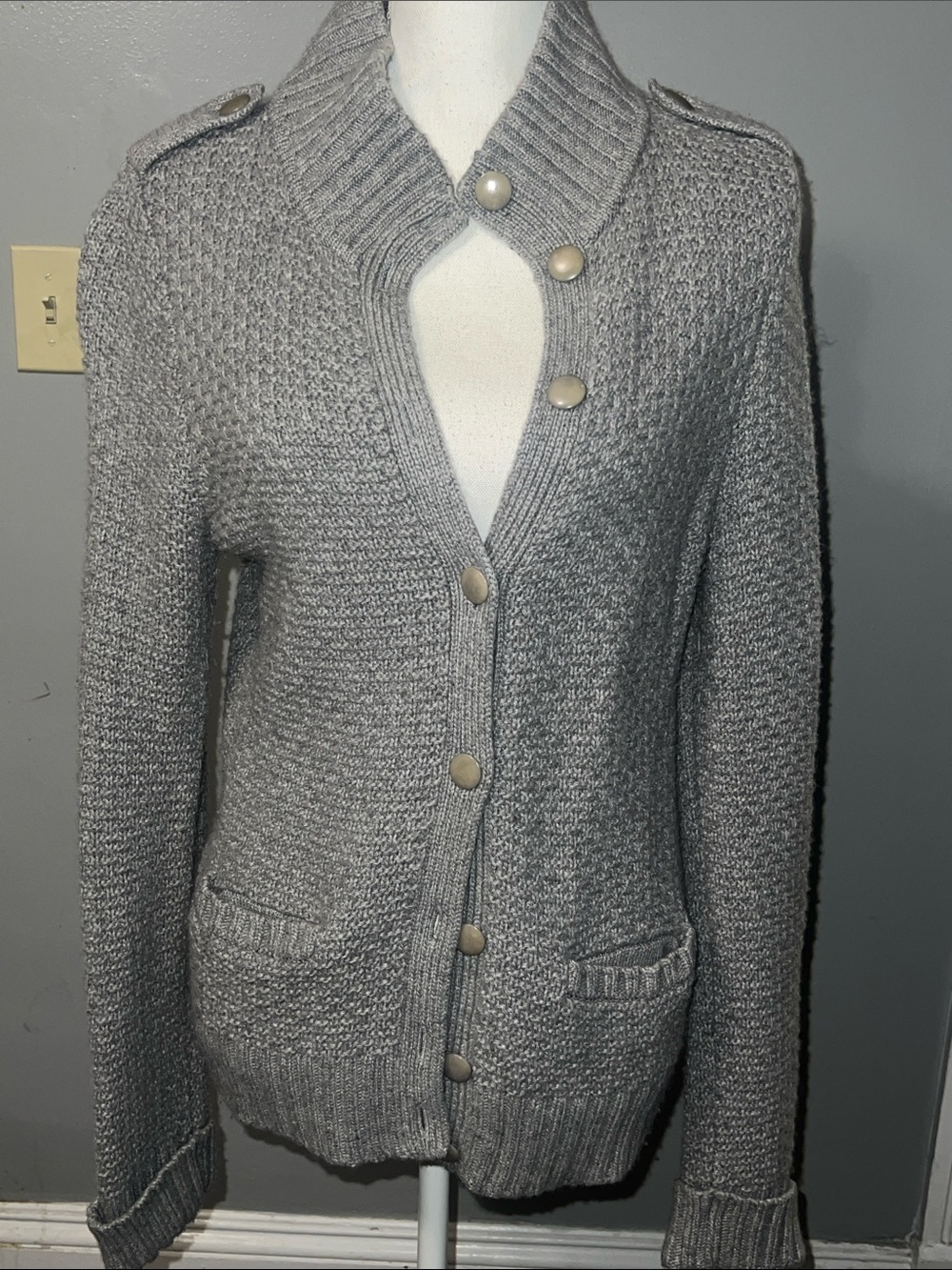 Talbots Light Gray Knit Button-Up Cardigan with Epaulets